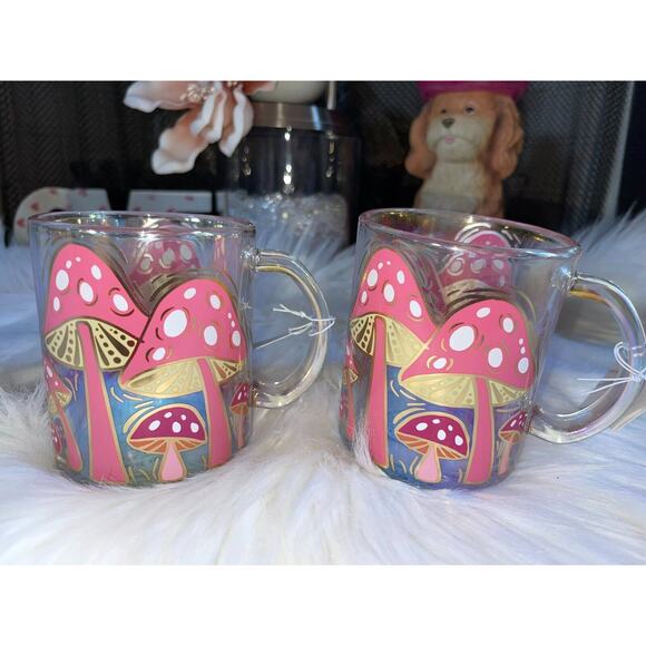 SHEEFIELD HOME Pink Mushrooms Clear Glass Coffee Cup Mug 18 Ounces - Picture 3 of 6